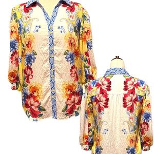 Tahari Vibrant Floral Button-Front Blouse, Sz M, NWT